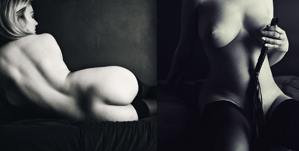 dwa zdjęcia kobiety, półnagiej, w pończochach
